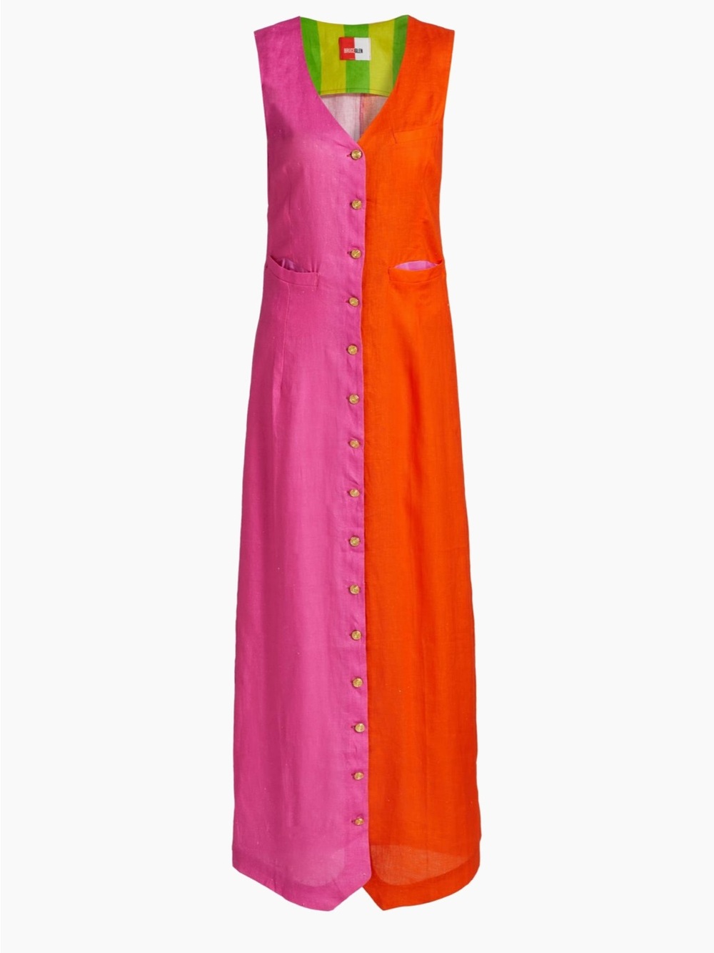 BruceGlen Colorblocked Linen Maxi Dress Pink Orange Size S NWT